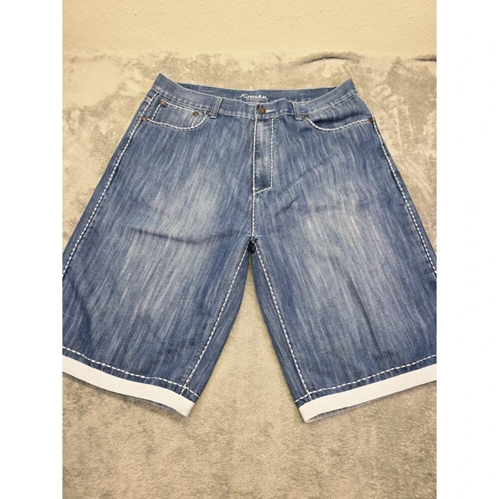 VTG Koman Shorts Mens 40 Blue Denim Shorts White Stitched Baggy Jorts‎ 5 Pocket